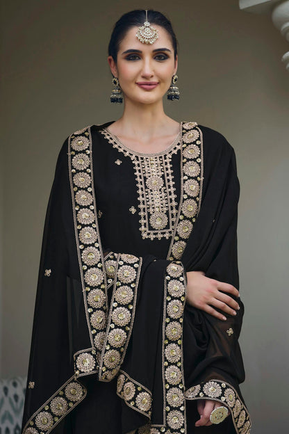 Black Colour Semi Stitched Georgette Palazzo Pant Suit VSSM1140302
