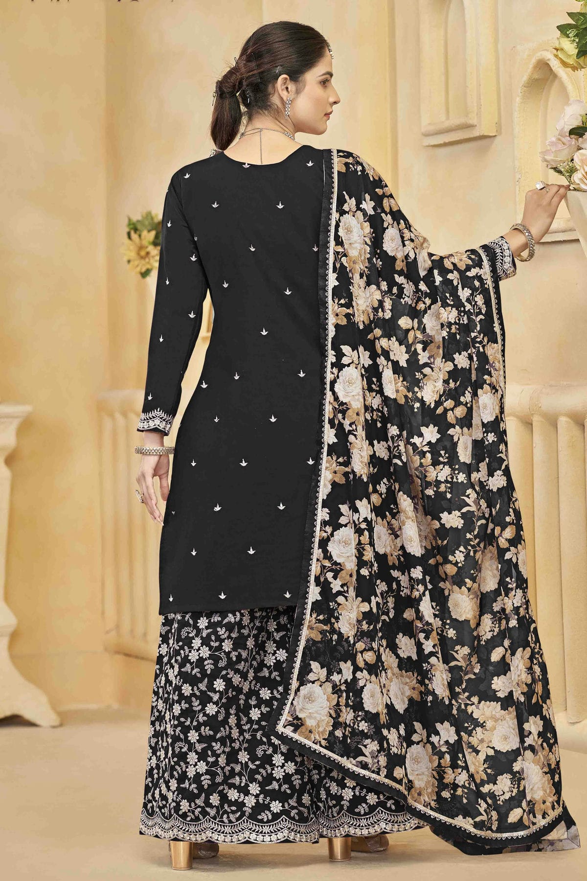 Black Colour Semi Stitched Roman Silk Palazzo Pant Suit VSSM1050743