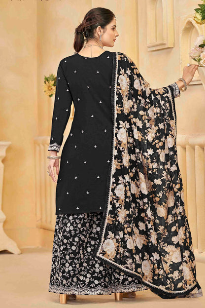 Black Colour Semi Stitched Roman Silk Palazzo Pant Suit VSSM1050743