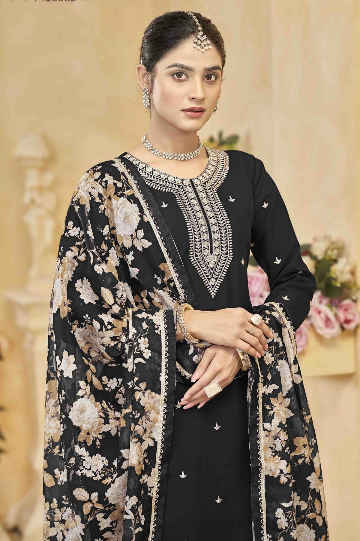 Black Colour Semi Stitched Roman Silk Palazzo Pant Suit VSSM1050743