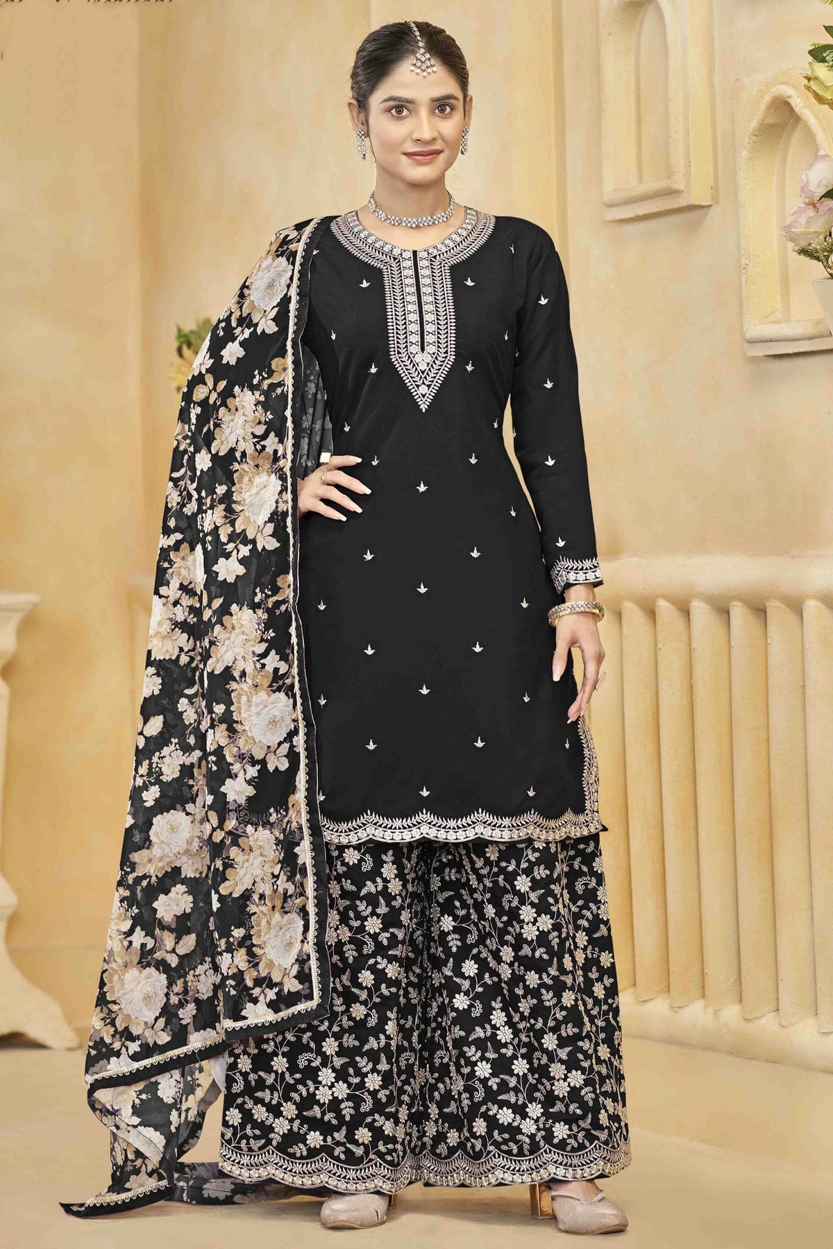 Black Colour Semi Stitched Roman Silk Palazzo Pant Suit VSSM1050743