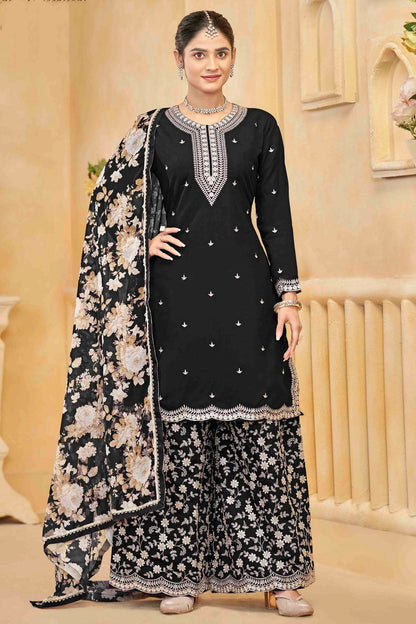 Black Colour Semi Stitched Roman Silk Palazzo Pant Suit VSSM1050743