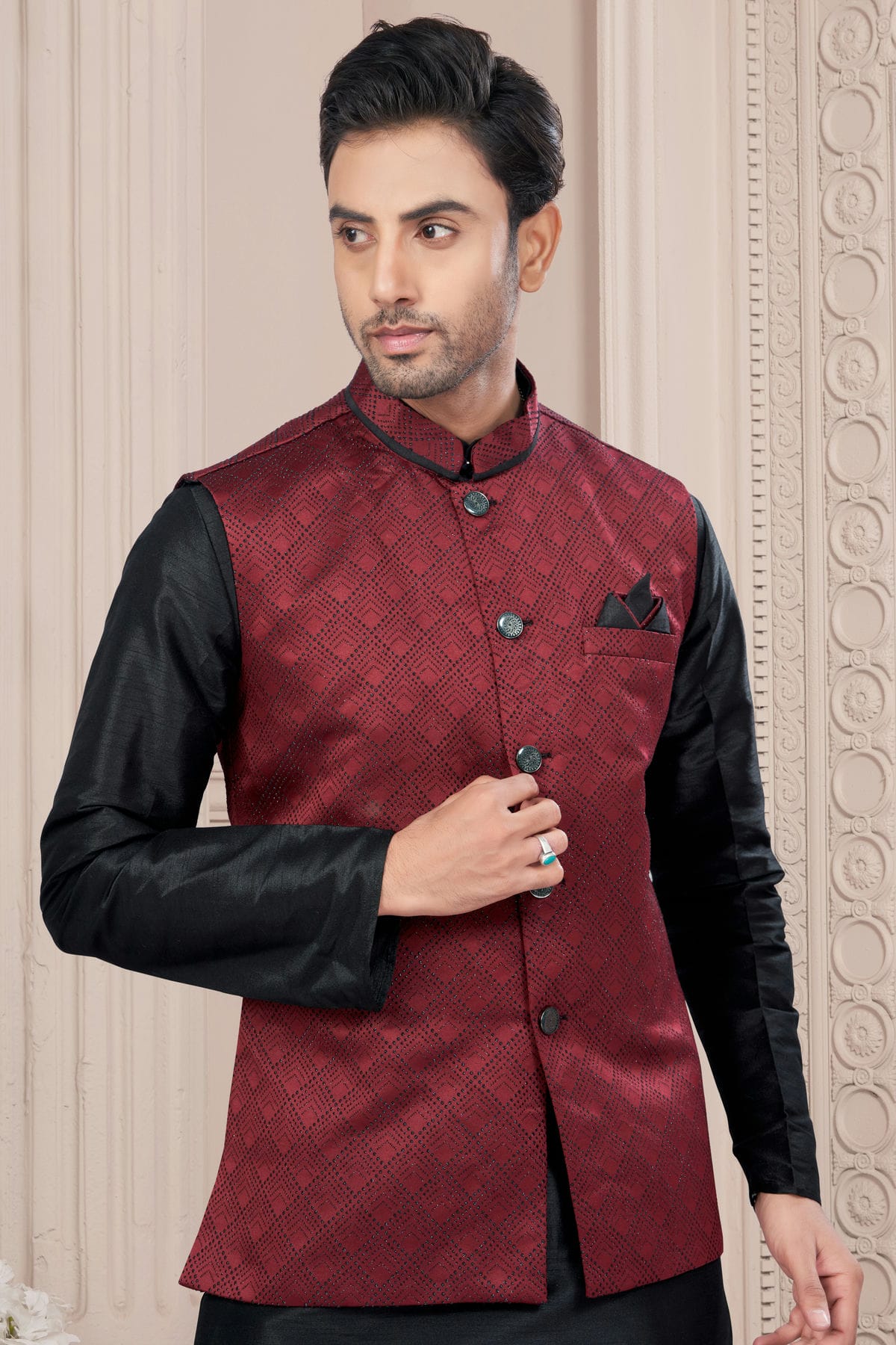 Black Colour Silk Dupion Jacket Kurta Pajama VSKP1040663