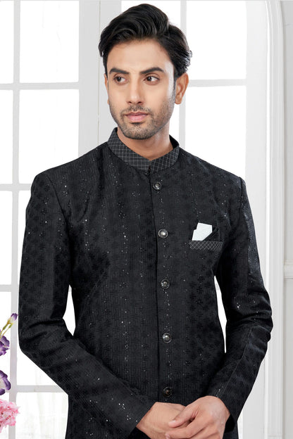 Black Colour Silk Dupion Sherwani VSSH1040622