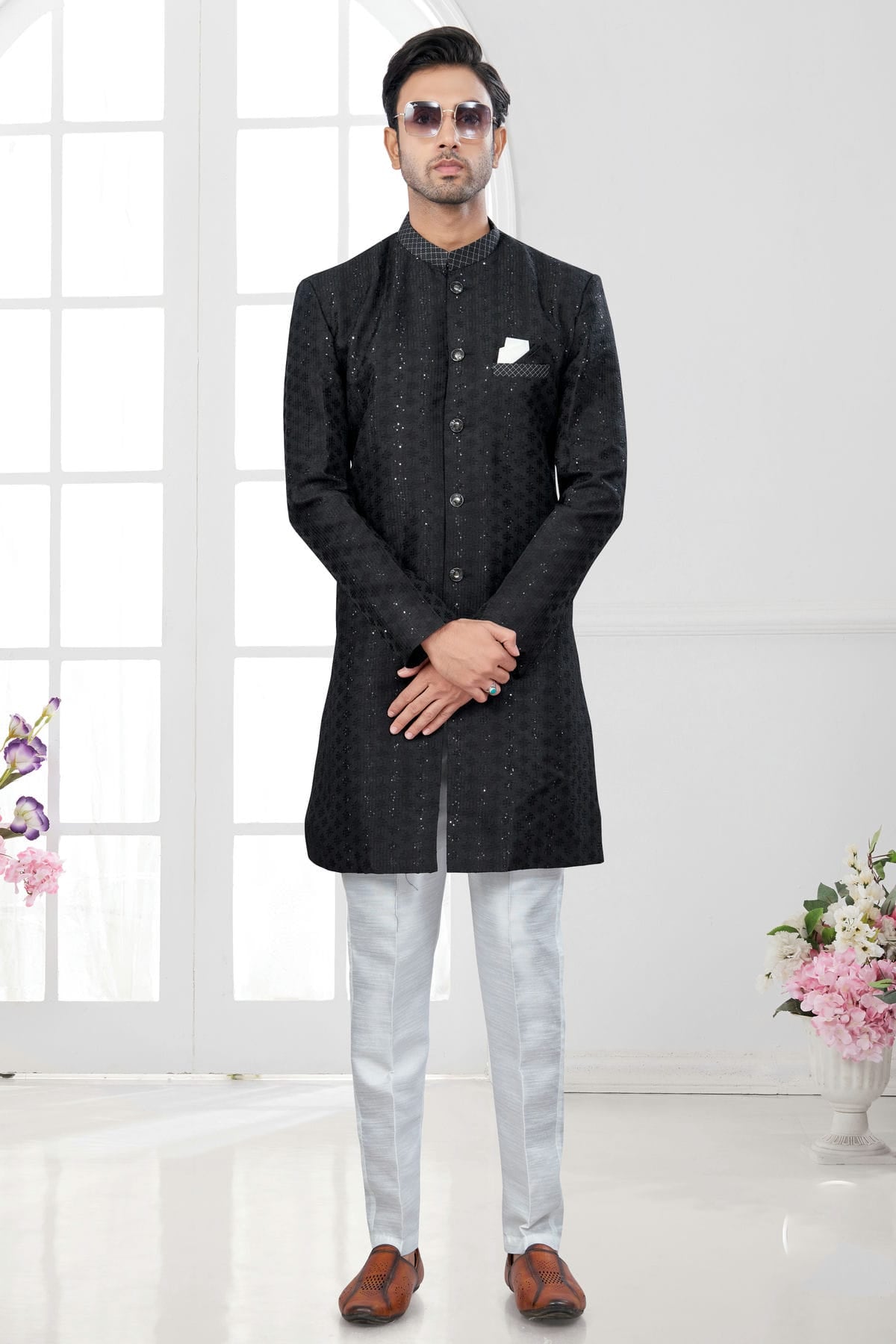 Black Colour Silk Dupion Sherwani