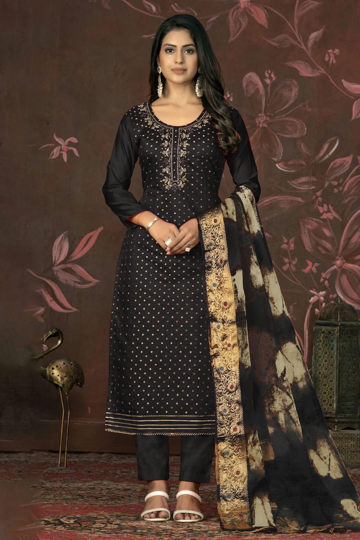 Black Colour Unstitched Modal Cotton Jacquard Pant Style Suit