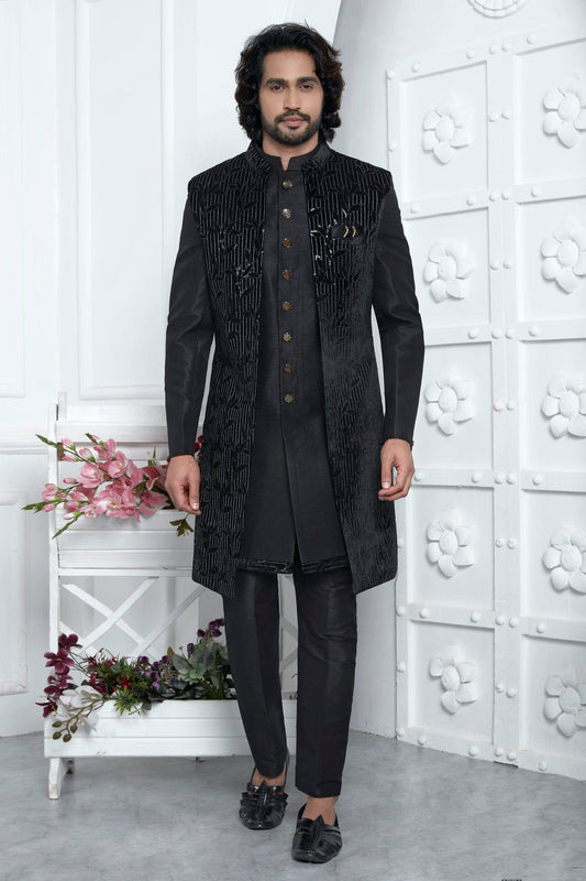 Black Colour Velvet Silk Indowestern Sherwani With Aligadhi Pant