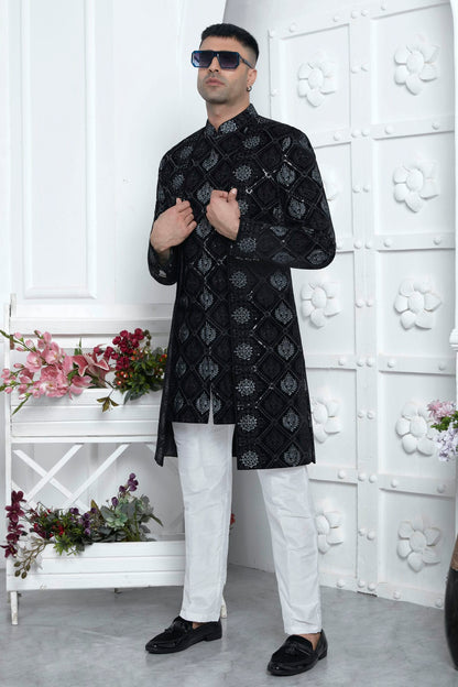 Black Colour Velvet Silk Indowestern Sherwani With Aligadhi Pant VSSH1230023