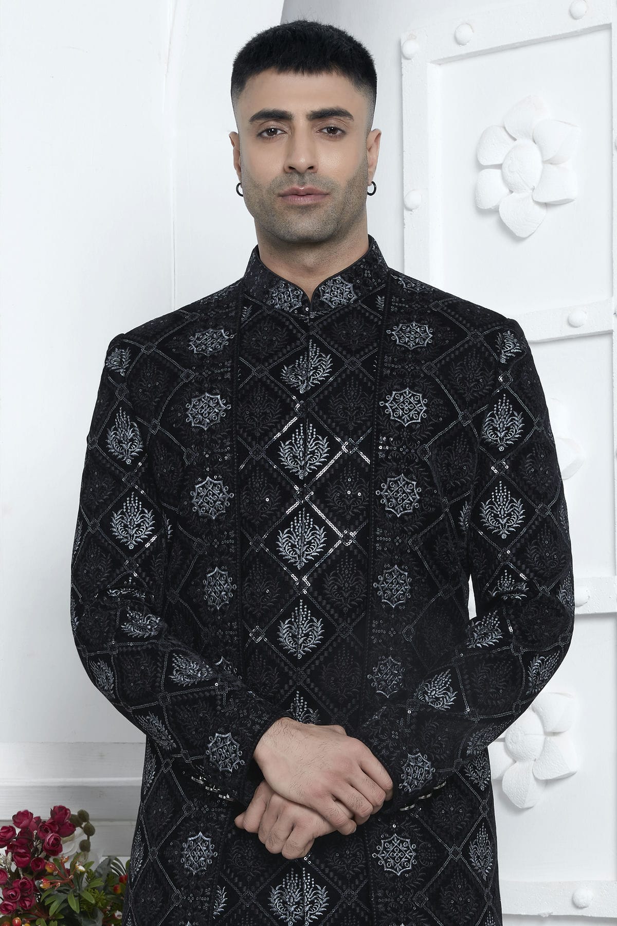 Black Colour Velvet Silk Indowestern Sherwani With Aligadhi Pant VSSH1230023