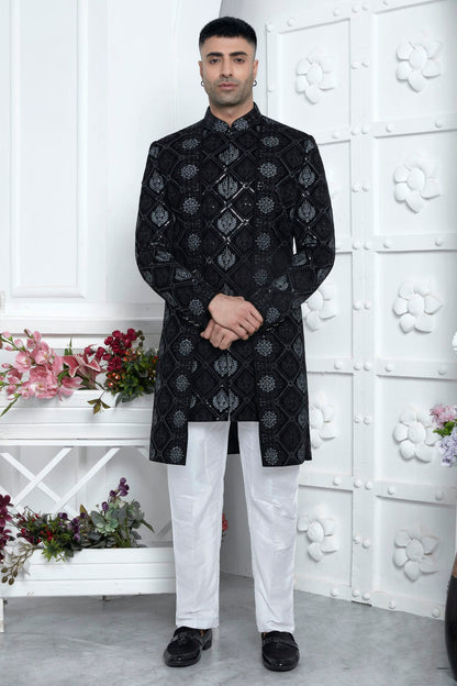 Black Colour Velvet Silk Indowestern Sherwani With Aligadhi Pant