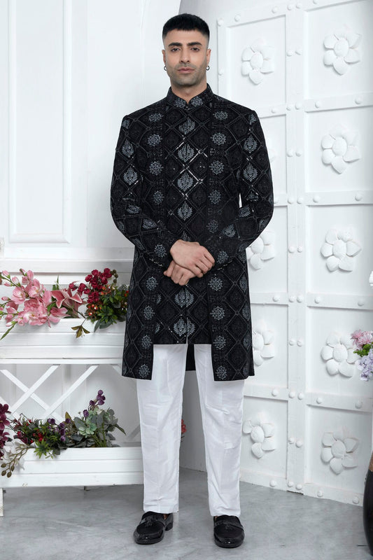 Black Colour Velvet Silk Indowestern Sherwani With Aligadhi Pant