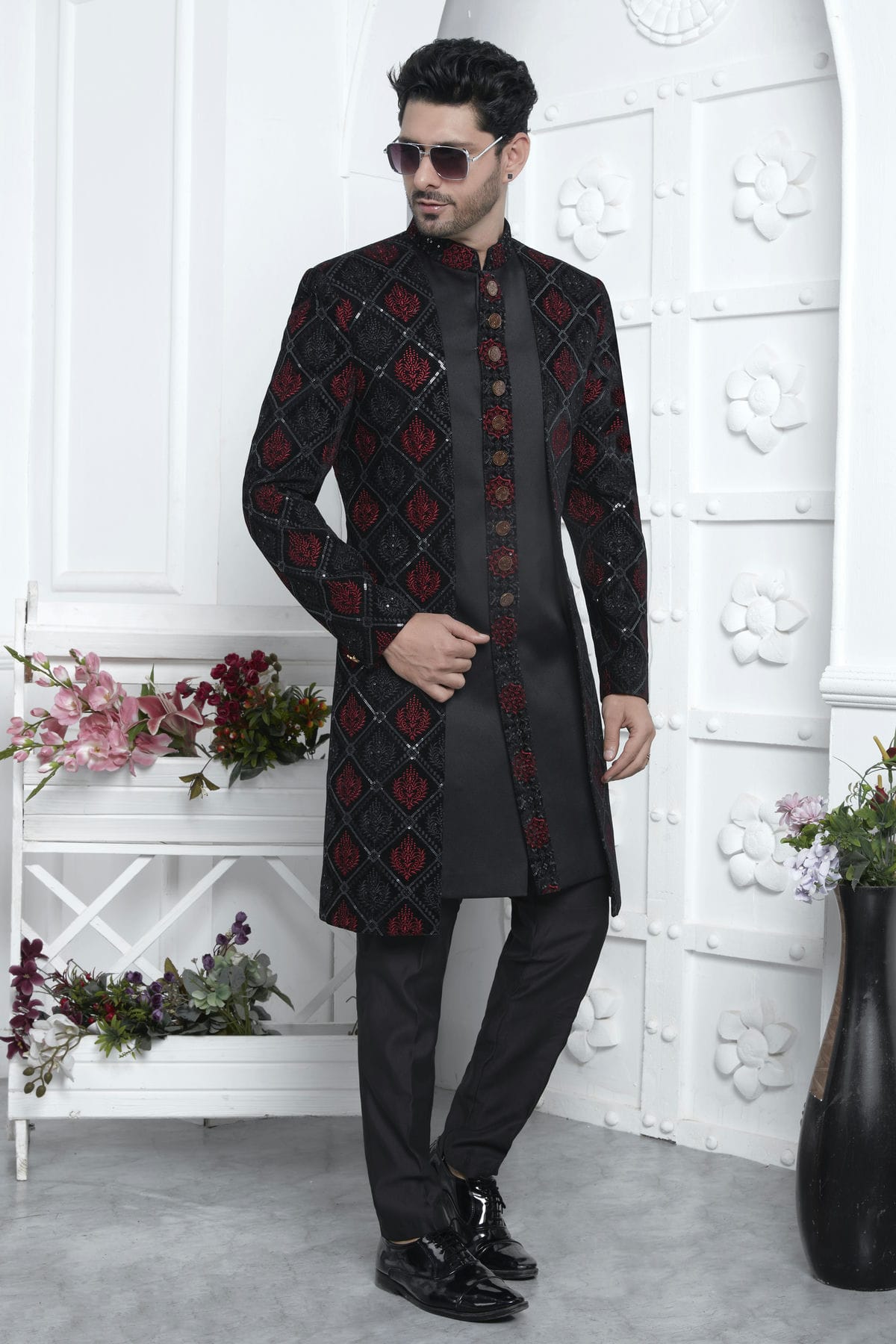 Black Colour Velvet Silk Indowestern Sherwani With Aligadhi Pant VSSH1230024