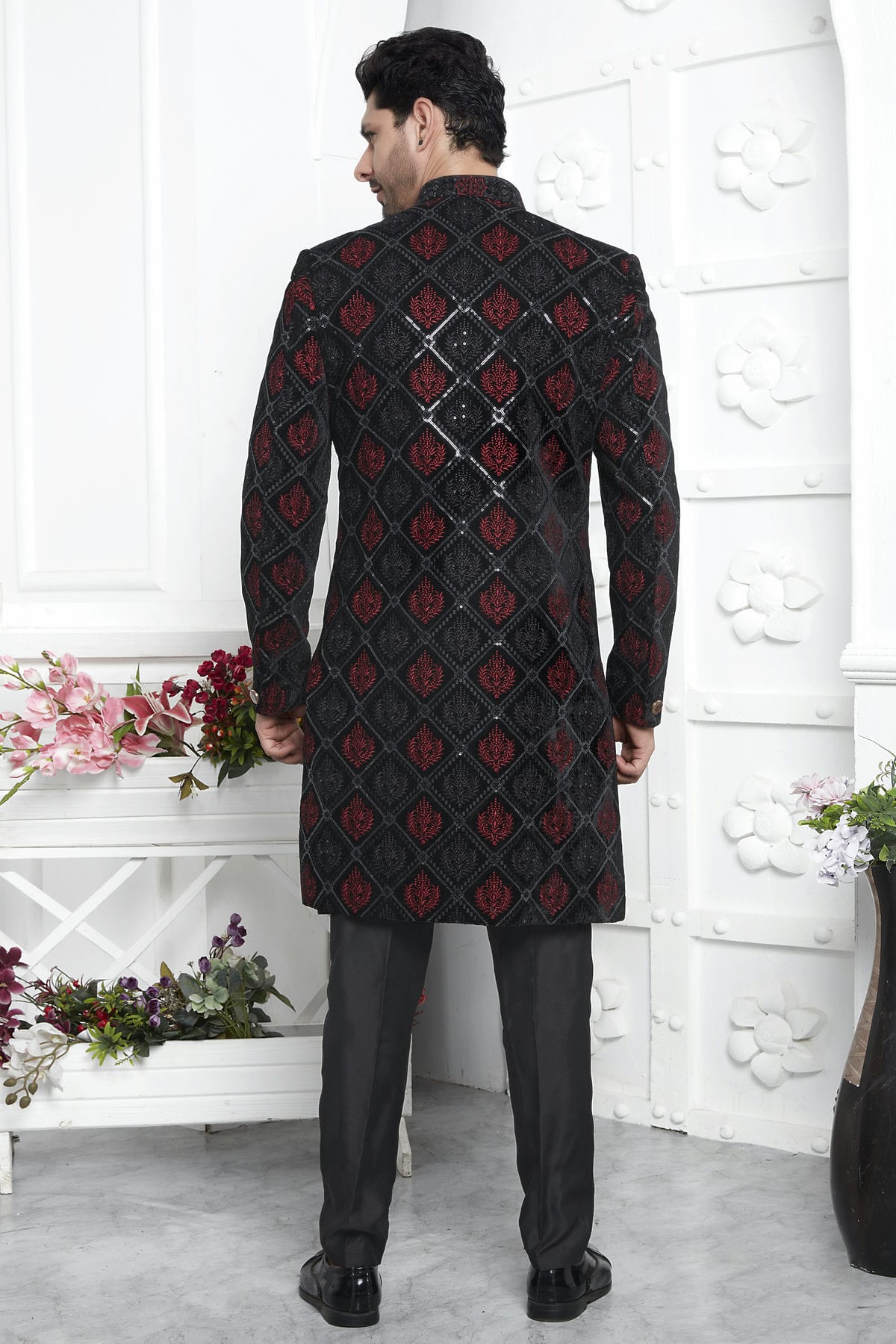 Black Colour Velvet Silk Indowestern Sherwani With Aligadhi Pant VSSH1230024