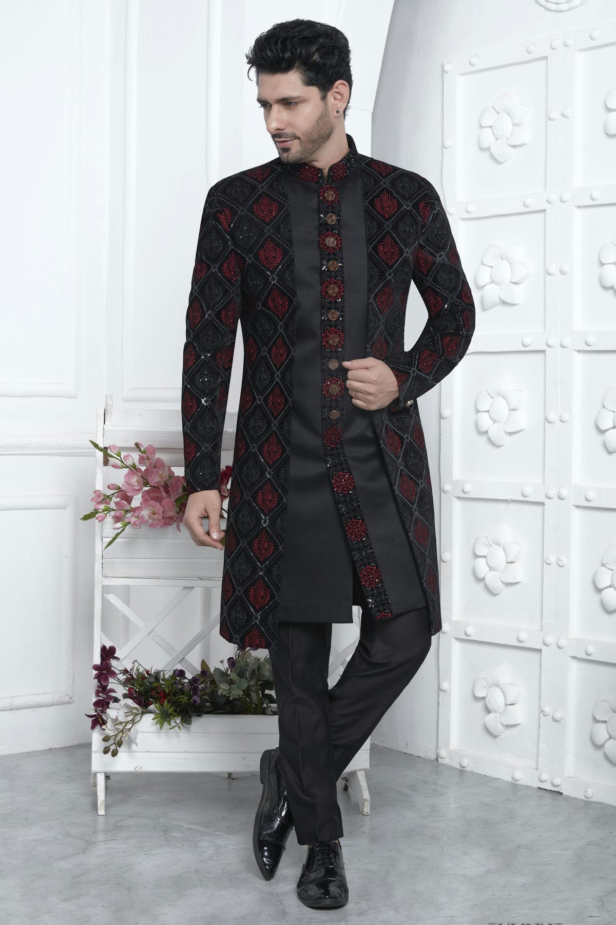Black Colour Velvet Silk Indowestern Sherwani With Aligadhi Pant