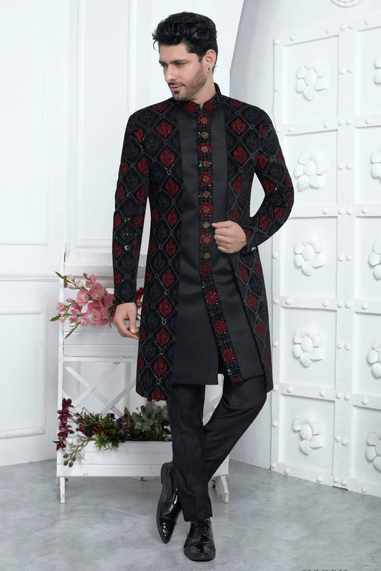 Black Colour Velvet Silk Indowestern Sherwani With Aligadhi Pant
