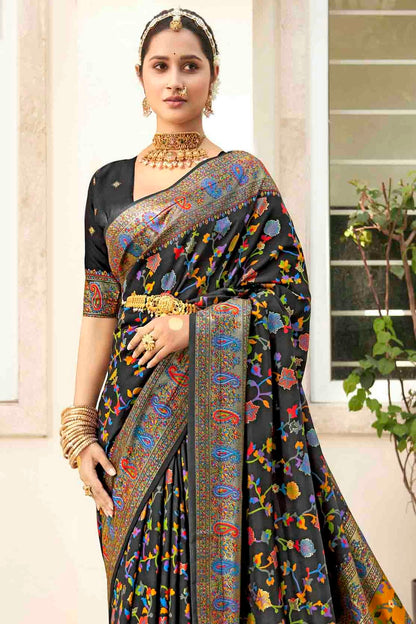 Black Colour Velvet Tussar Silk Floral Printed Traditional Sarees VSSD1113758
