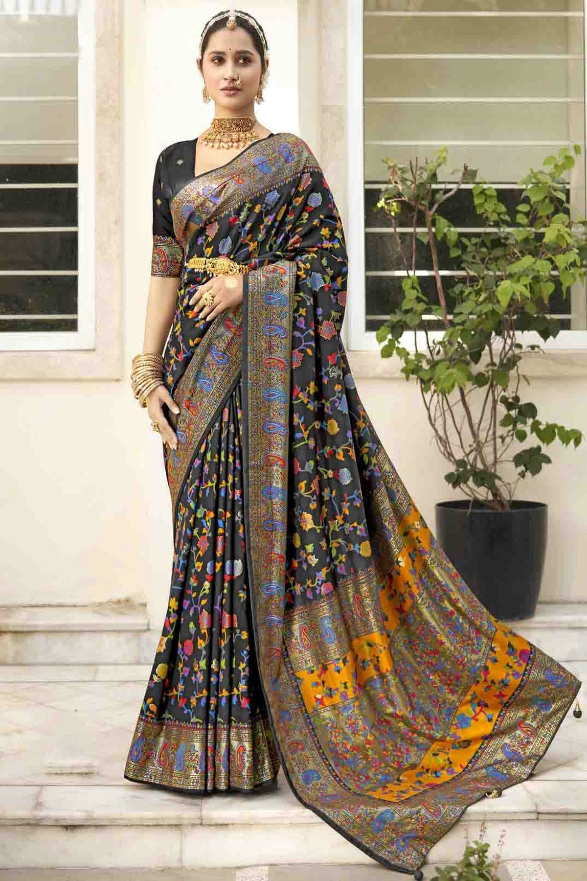 Black Colour Velvet Tussar Silk Floral Printed Traditional Sarees VSSD1113758