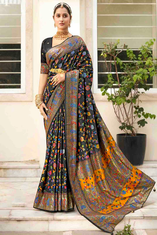 Black Colour Velvet Tussar Silk Floral Printed Traditional Sarees VSSD1113758