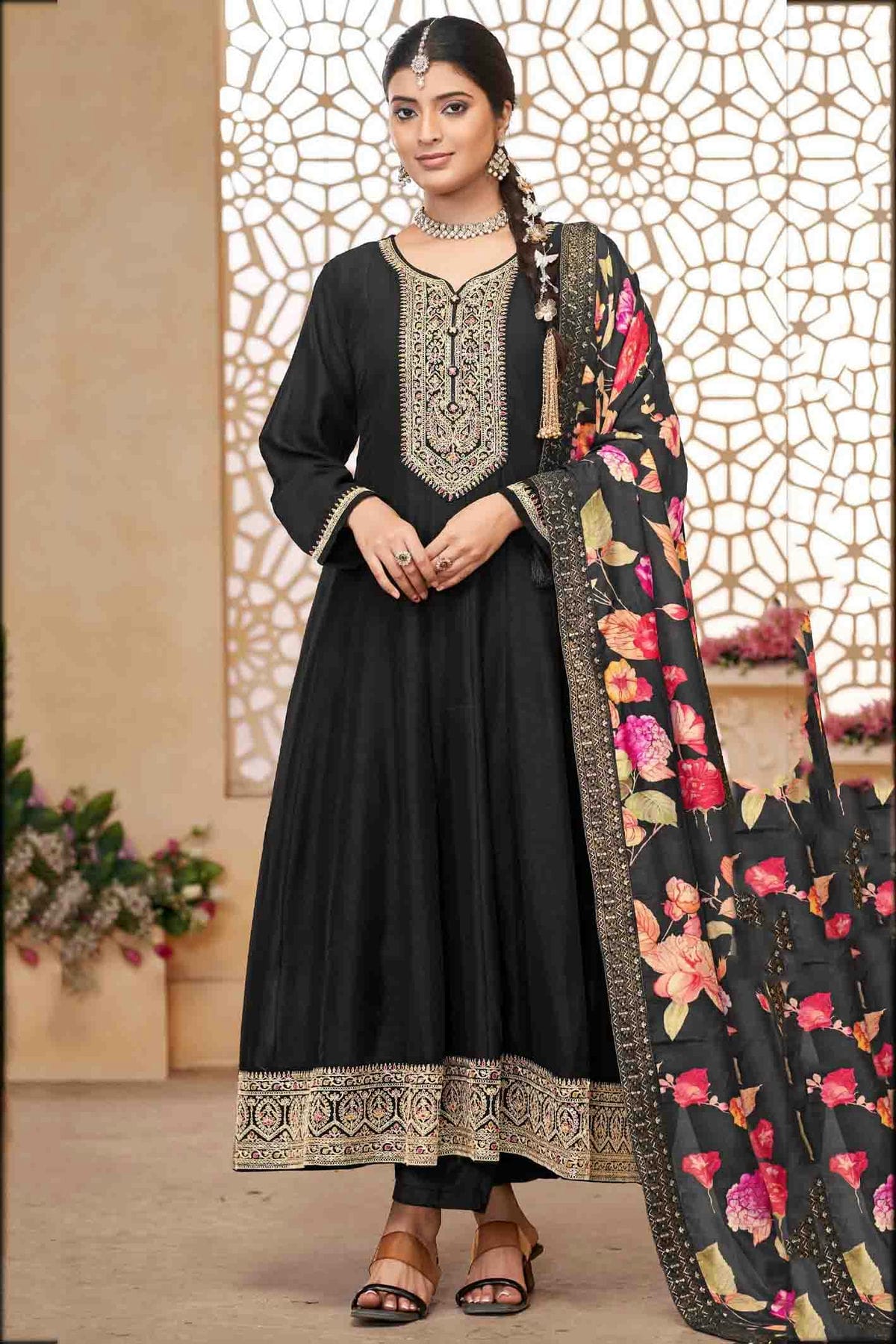 Black Colour Vichitra Silk Anarkali Suit VSSM1112948