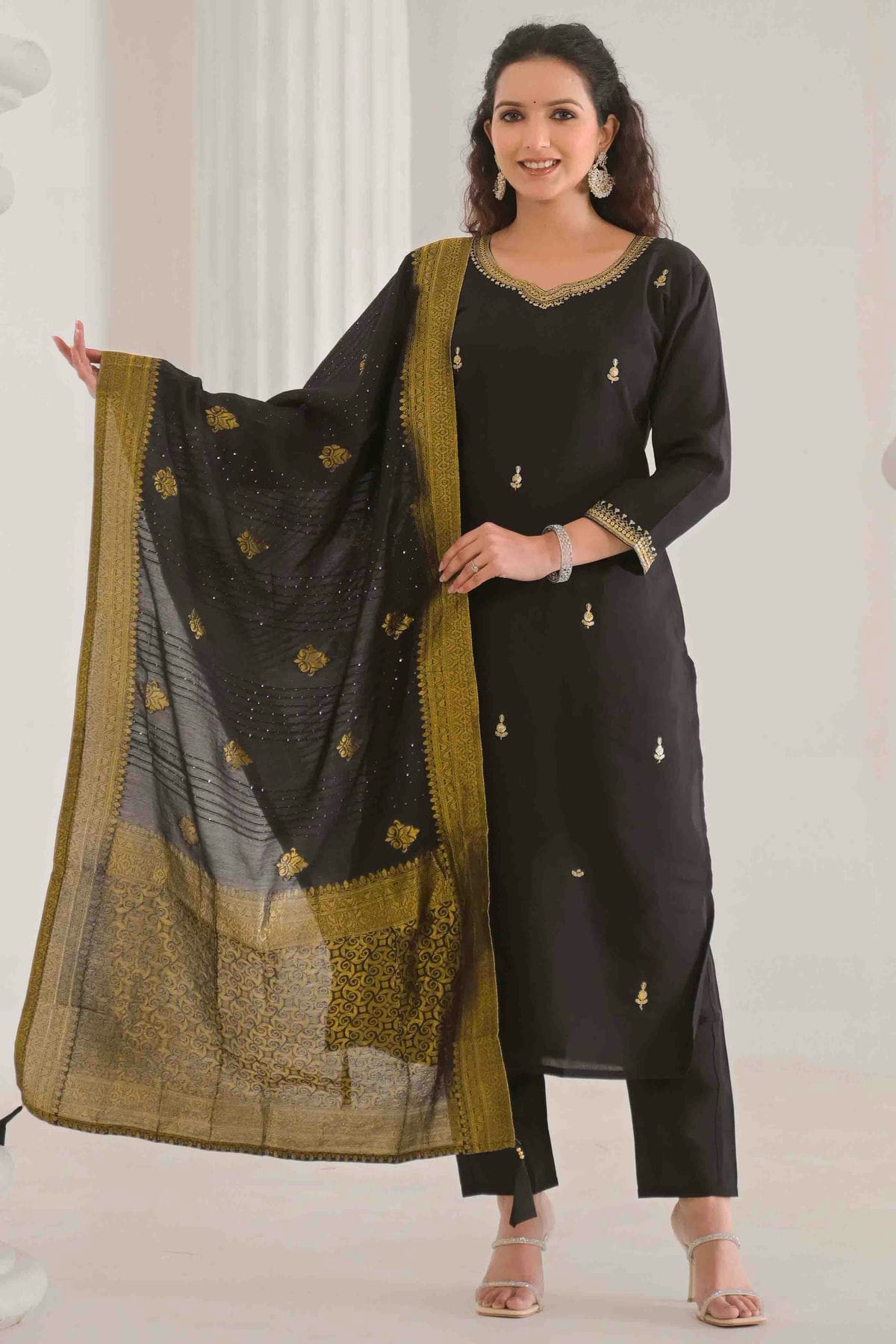 Black Colour Viscose Chanderi Stitched Pant Style Suit VSSS1113893