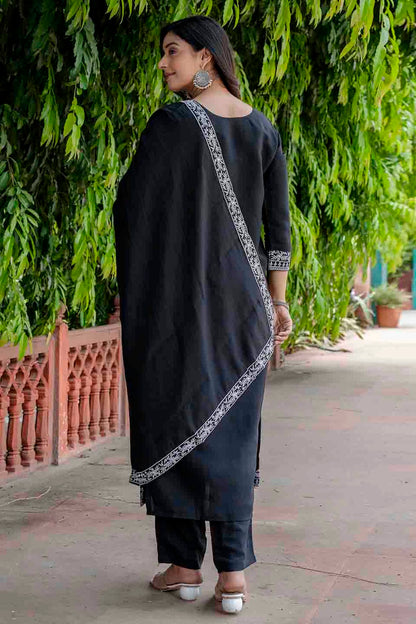 Black Colour Viscose Roman Silk Stitched Pant Style Suit VSSS1113896