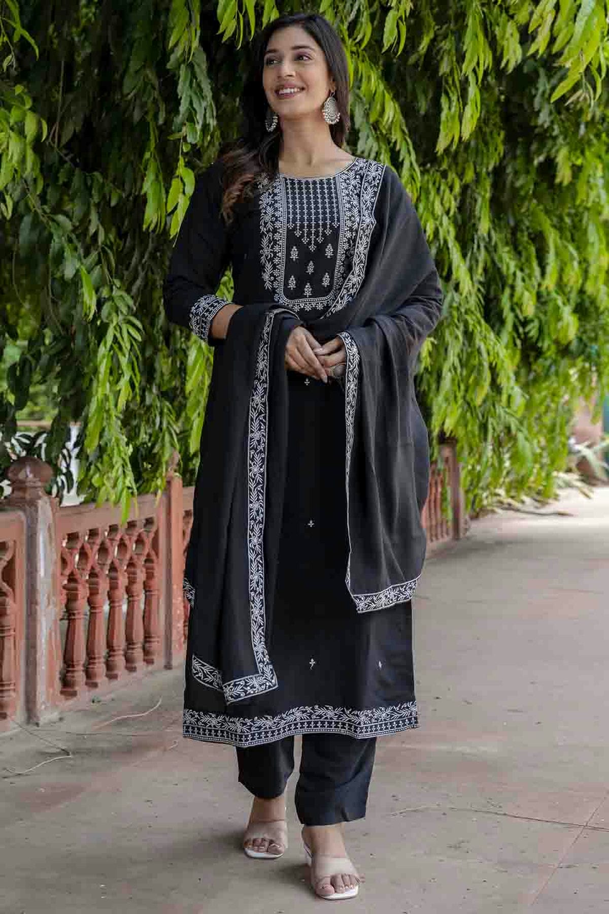 Black Colour Viscose Roman Silk Stitched Pant Style Suit VSSS1113896