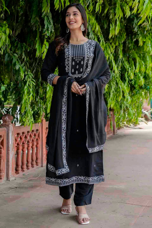 Black Colour Viscose Roman Silk Stitched Pant Style Suit VSSS1113896