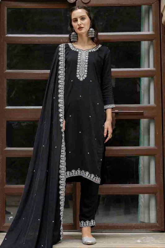Black Colour Viscose Roman Silk Stitched Pant Style Suit VSSS1113902