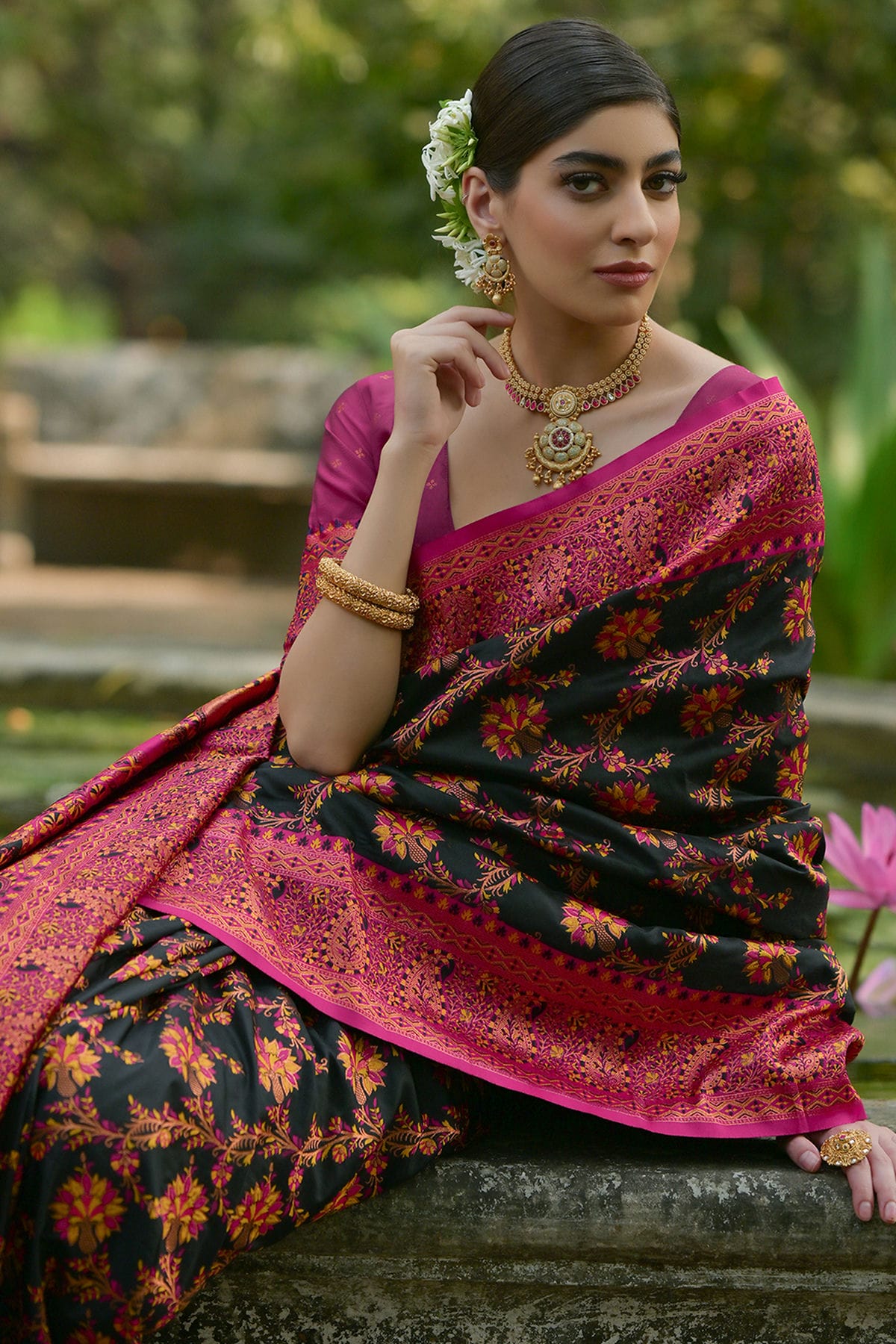 Black Colour Woven Work Pashmina Silk Saree
