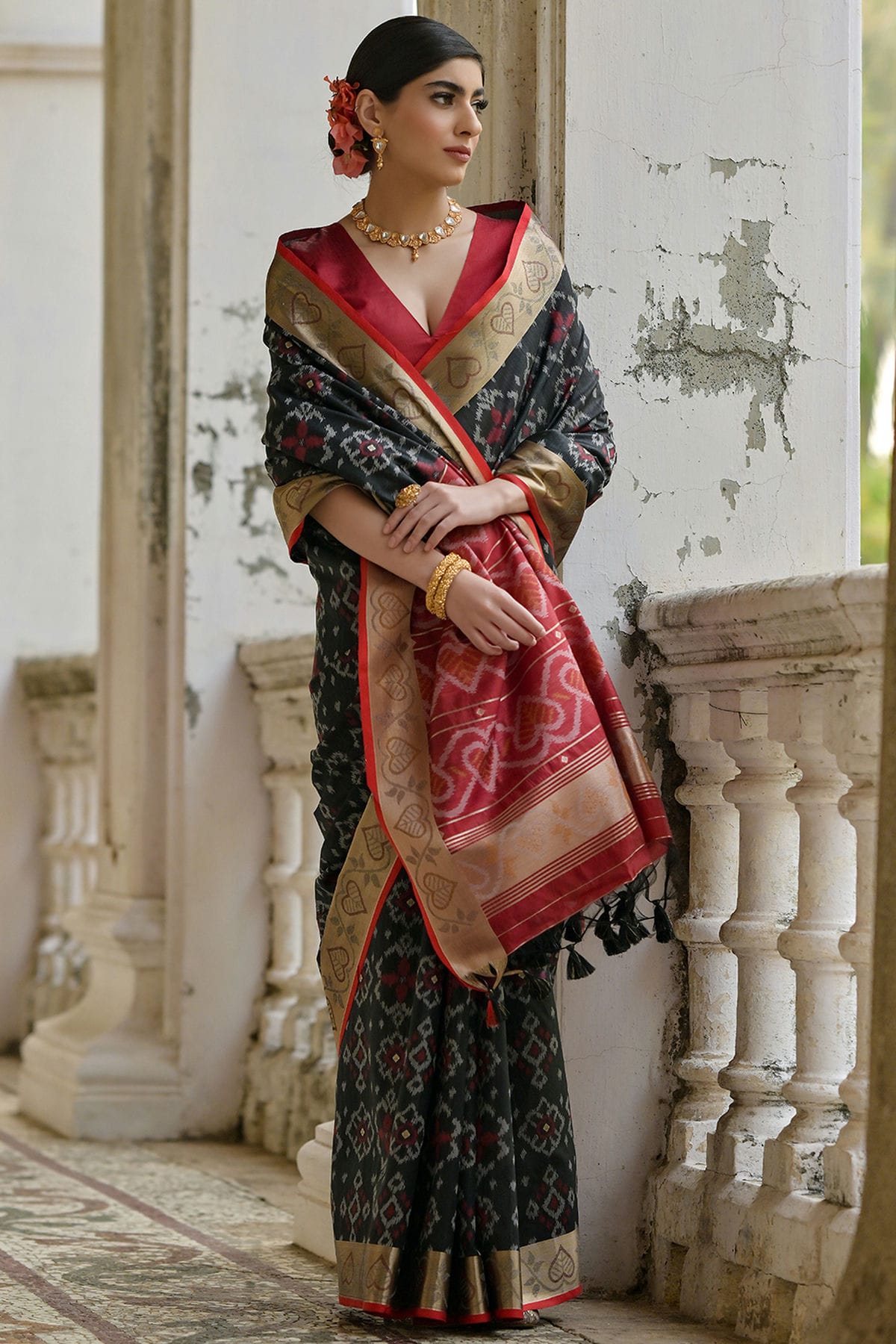 Black Colour Woven Work Raw Silk Saree