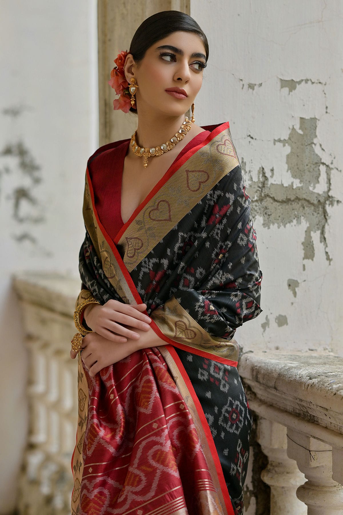 Black Colour Woven Work Raw Silk Saree