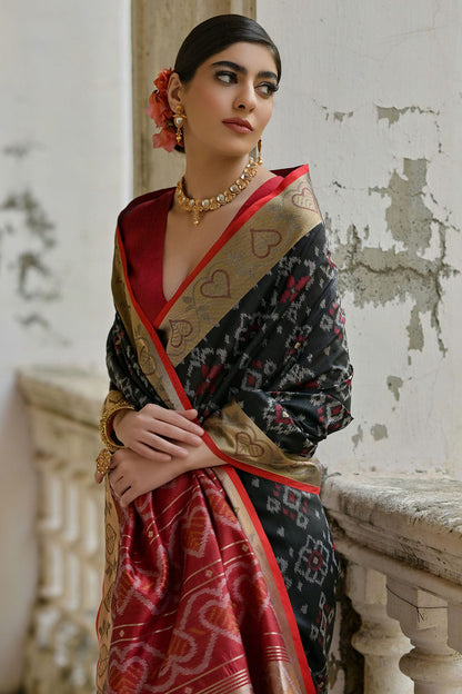 Black Colour Woven Work Raw Silk Saree