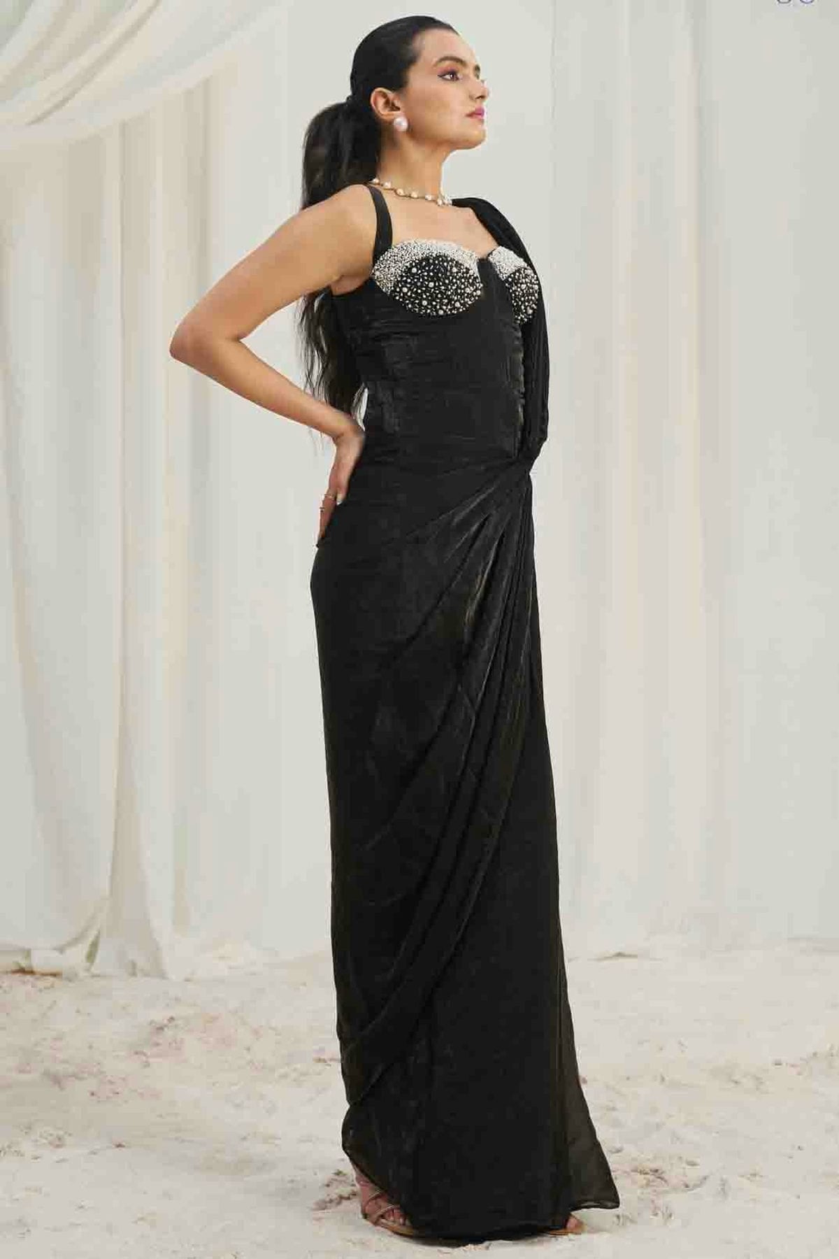 Black Organza Hand Work Ready To Wear Saree VSSD1080975