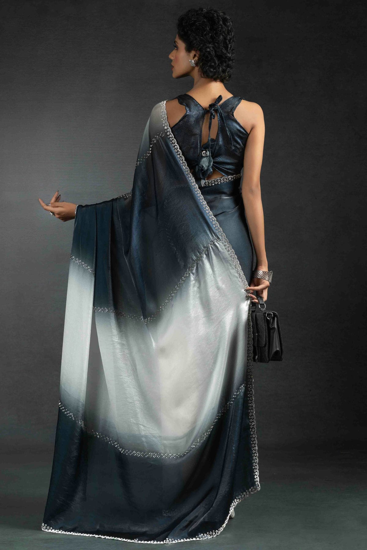 Black and White Colour Fendi Satin Silk Designer Saree VSSD1122014