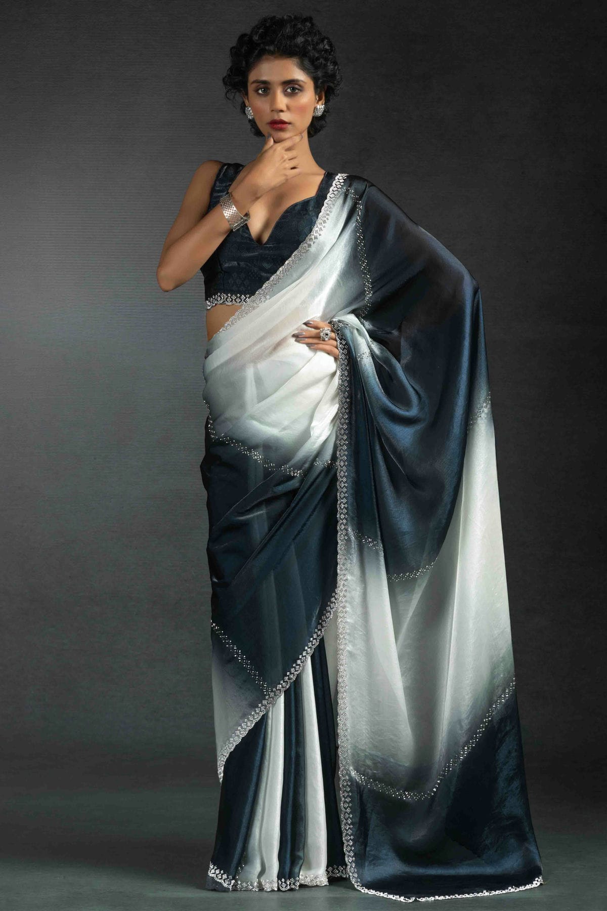 Black and White Colour Fendi Satin Silk Designer Saree VSSD1122014