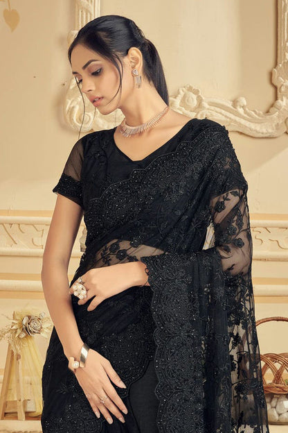 Black Colour Net Saree VSSD1090729