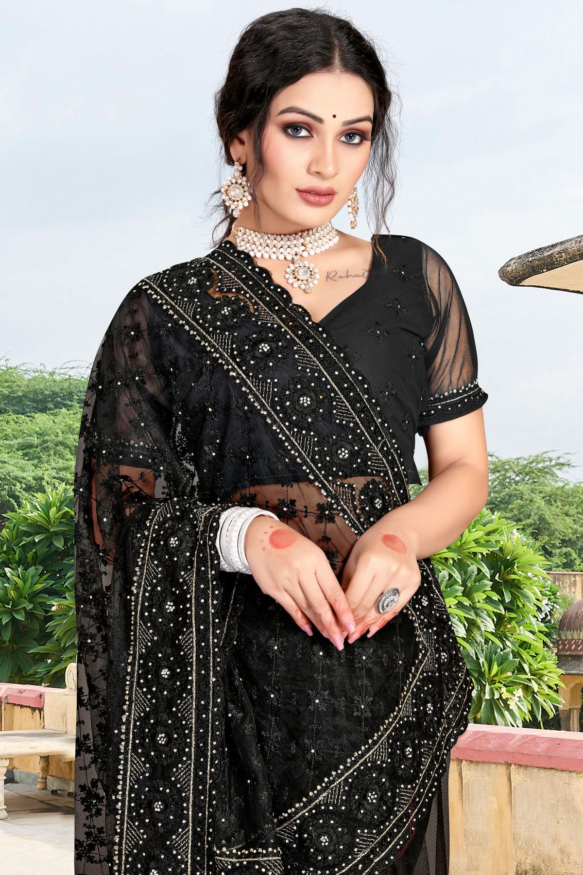 Black Colour Net Saree VSSD1090741
