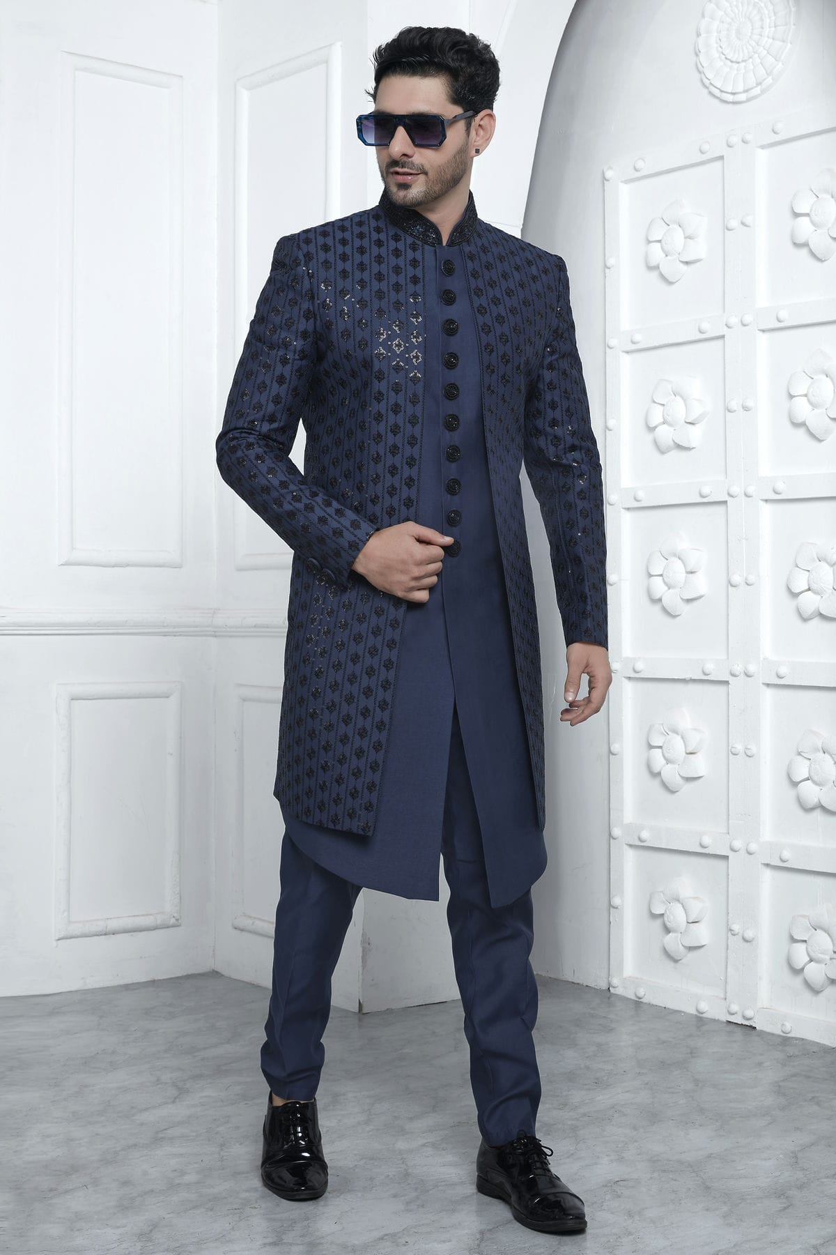 Blue Colour Art Silk Indowestern Sherwani With Aligadhi Pant VSSH1230018