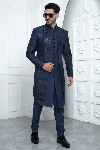 Blue Colour Art Silk Indowestern Sherwani With Aligadhi Pant VSSH1230018