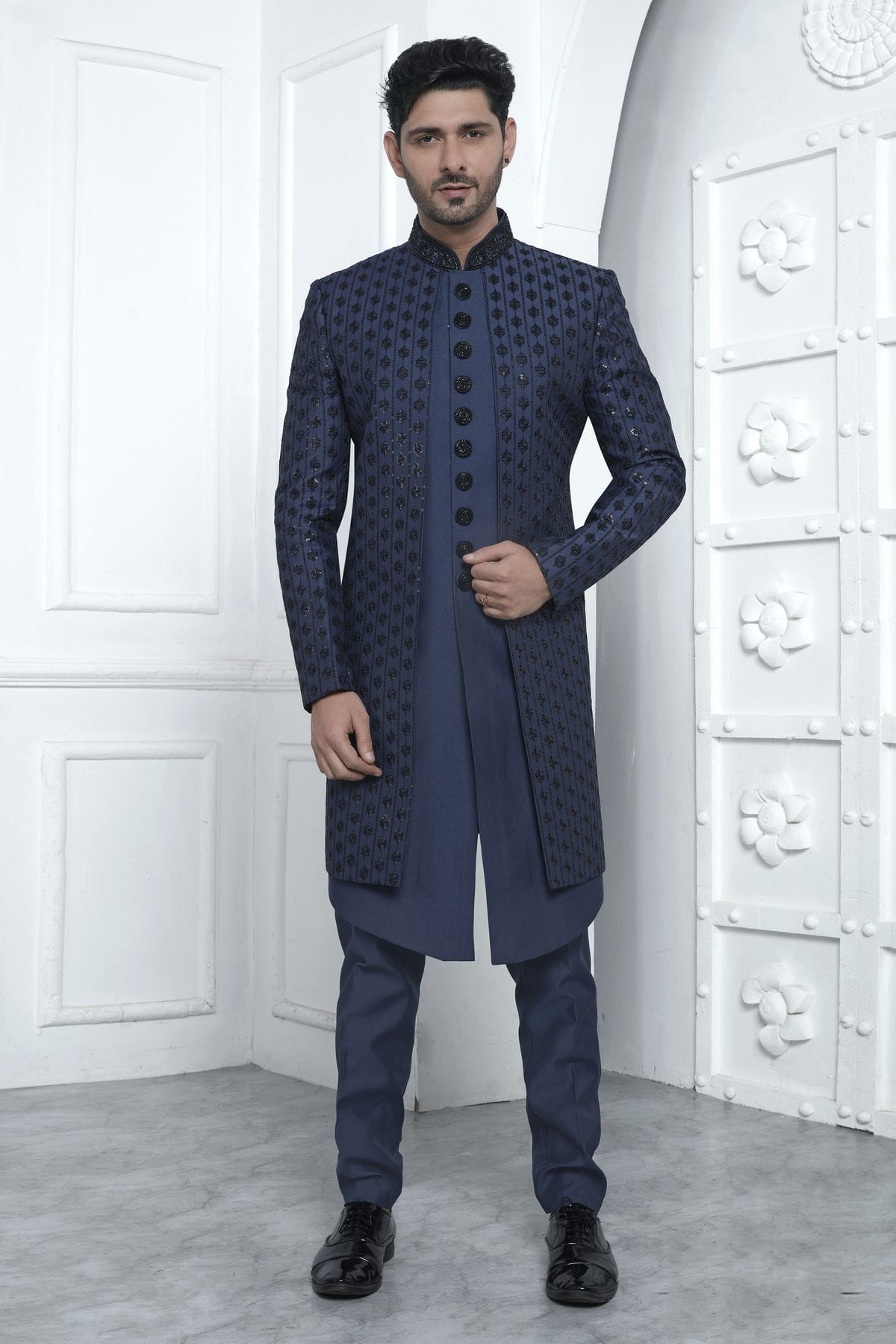Blue Colour Art Silk Indowestern Sherwani With Aligadhi Pant
