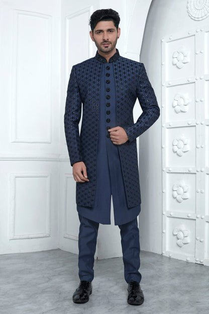 Blue Colour Art Silk Indowestern Sherwani With Aligadhi Pant