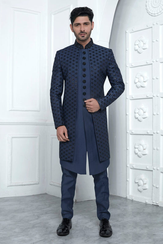 Blue Colour Art Silk Indowestern Sherwani With Aligadhi Pant