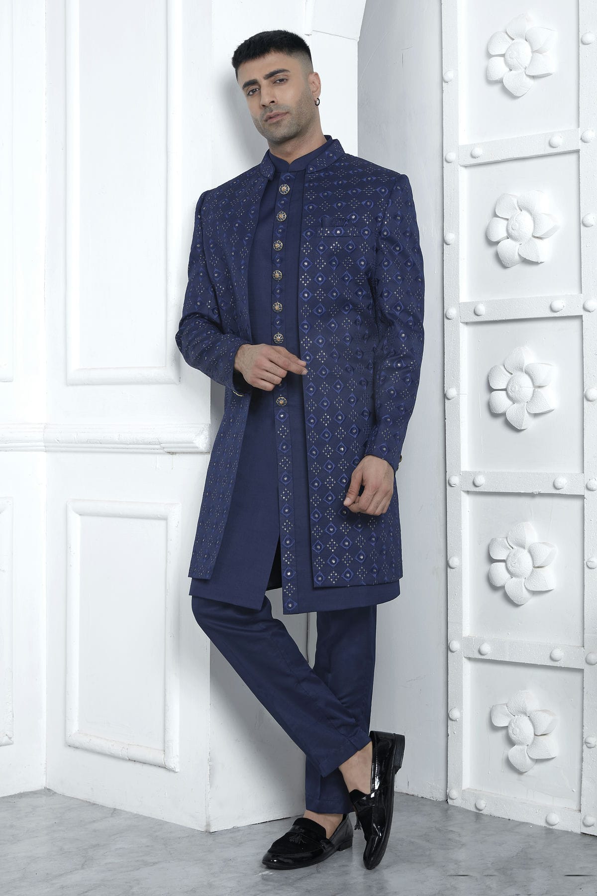 Blue Colour Art Silk Indowestern Sherwani With Aligadhi Pant