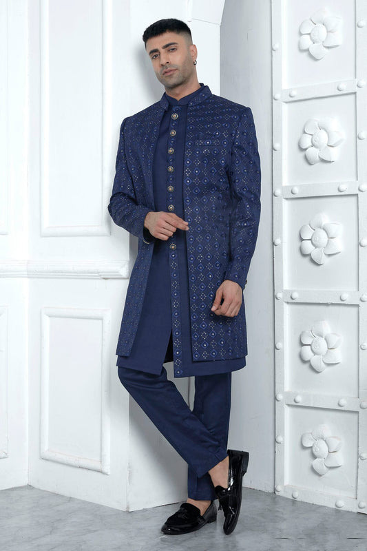 Blue Colour Art Silk Indowestern Sherwani With Aligadhi Pant