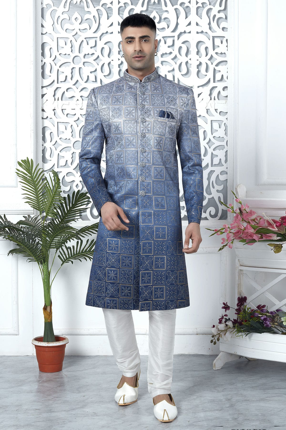 Blue Colour Art Silk Sherwani With Churidar Pant