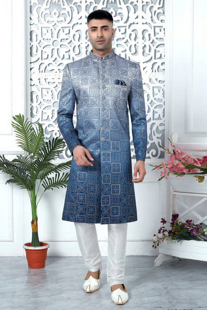 Blue Colour Art Silk Sherwani With Churidar Pant
