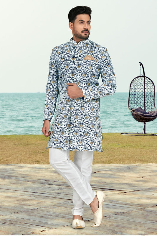 Blue Colour Banarasi Silk Sherwani VSSH1040529