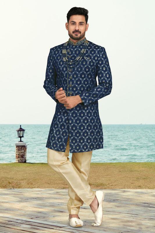 Blue Colour Banarasi Silk Sherwani VSSH1040537