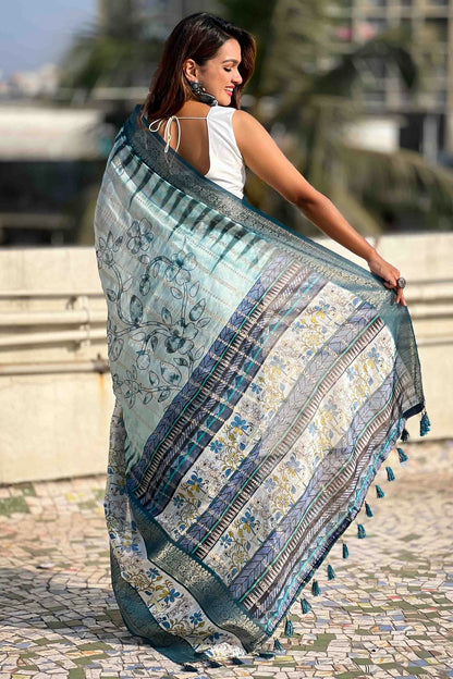 Blue Colour Chanderi Crush Printed Saree VSSD1112819