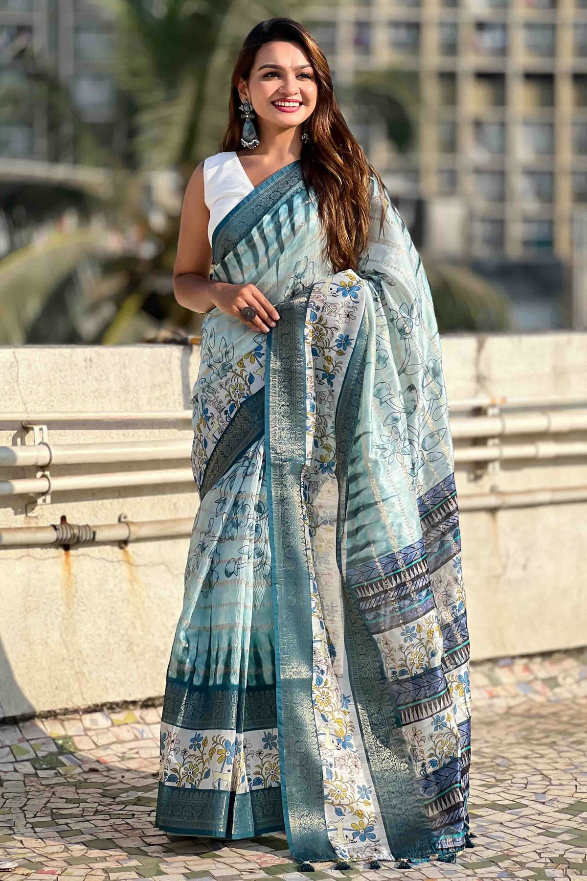 Blue Colour Chanderi Crush Printed Saree VSSD1112819